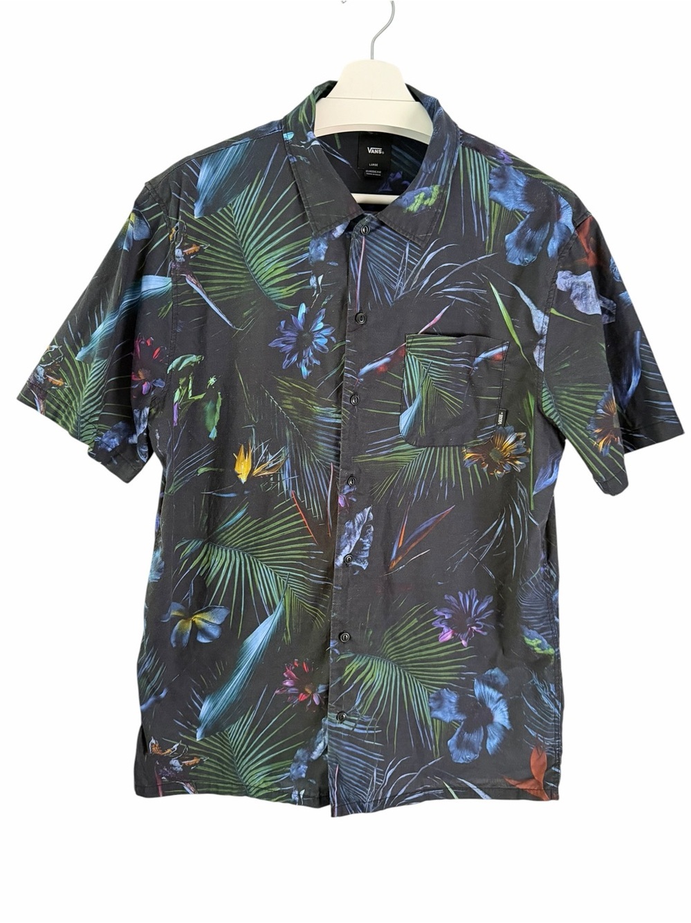 VANS Black Tropical Floral Jungle Print Button-Up Camp Shirt size L